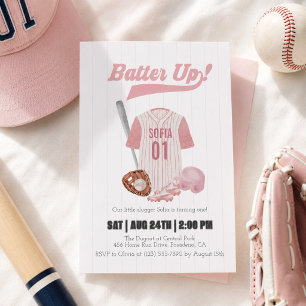 Pink Batter Up Baseball First Birthday Invitation