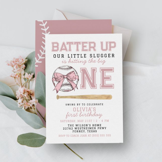 Pink Batter Up Baseball Girl 1st Birthday Party Invitation (Creator Uploaded)
