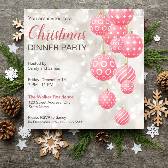 Pink baubles grey pastel colours background invitation (Pink baubles grey pastel colors background Christmas dinner party editable template invitation)