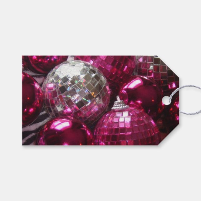 Pink Baubles Text gift tags black (Front (Horizontal))