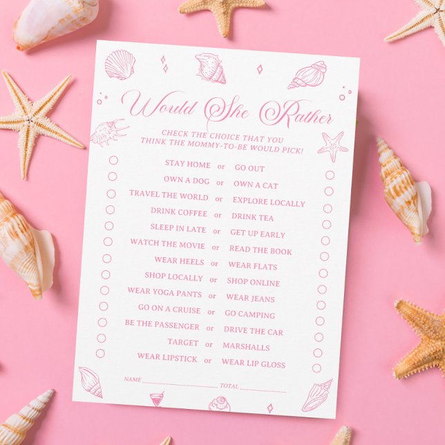 Pink Beach Baby Shower Would She Rather Game Card (Creator Uploaded)