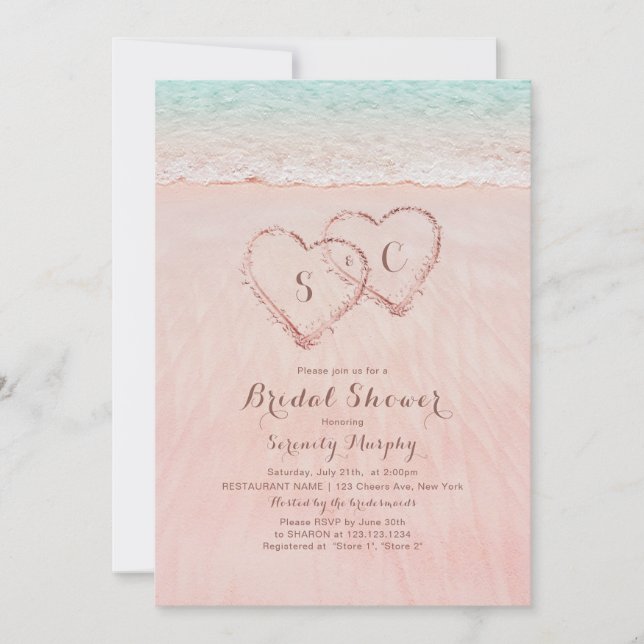 Pink beach hearts in the sand bridal shower invitation (Front)