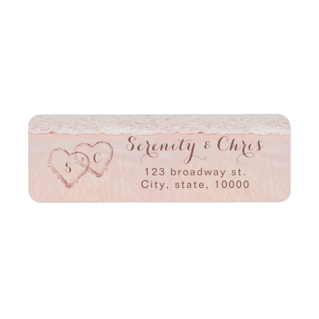 Pink beach hearts in the sand return address label (Front)