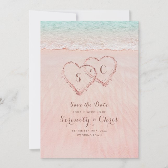 Pink beach hearts in the sand save the date (Front)
