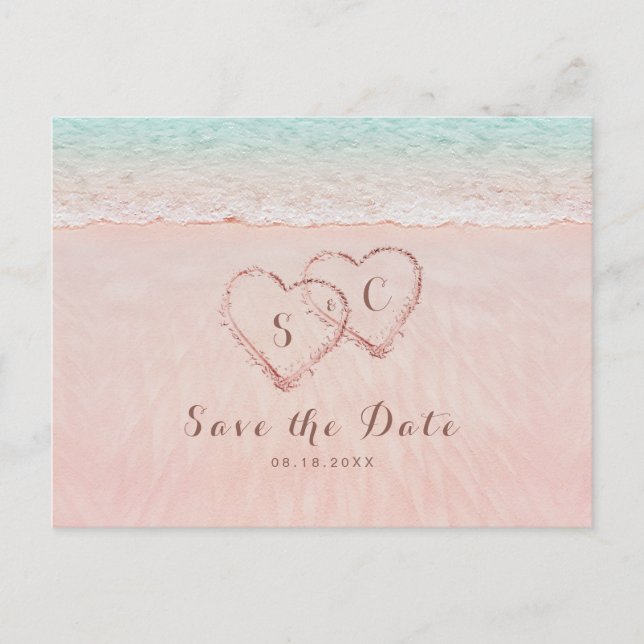 Pink beach hearts in the sand save the date announcement postcard (Front)