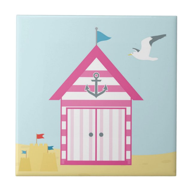Pink Beach Hut Ceramic Tile (Front)