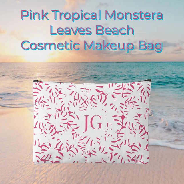 Pink Beach Monstera Tropical Leaves  Accessory Pou Accessory Pouch (Pink Tropical Monstera Leaves Beach Cosmetic Makeup Bag, Travel Pouch, Hawaiian)