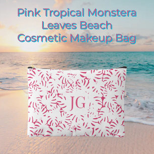 Pink Beach Monstera Tropical Leaves Accessory Pou Pouch