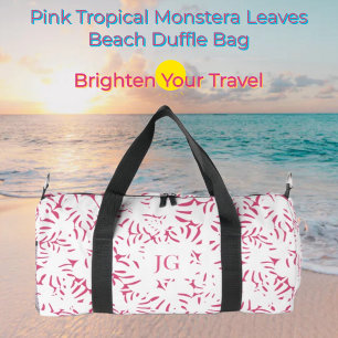Pink Beach Monstera Tropical Leaves Duffle Bag