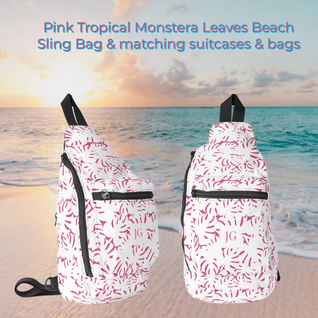 Pink Beach Monstera Tropical Leaves  Sling Bag (Pink Beach Tropical Monstera Leaves Sling Backpack & matching suitcases, duffle, makeup cosmetic bag)