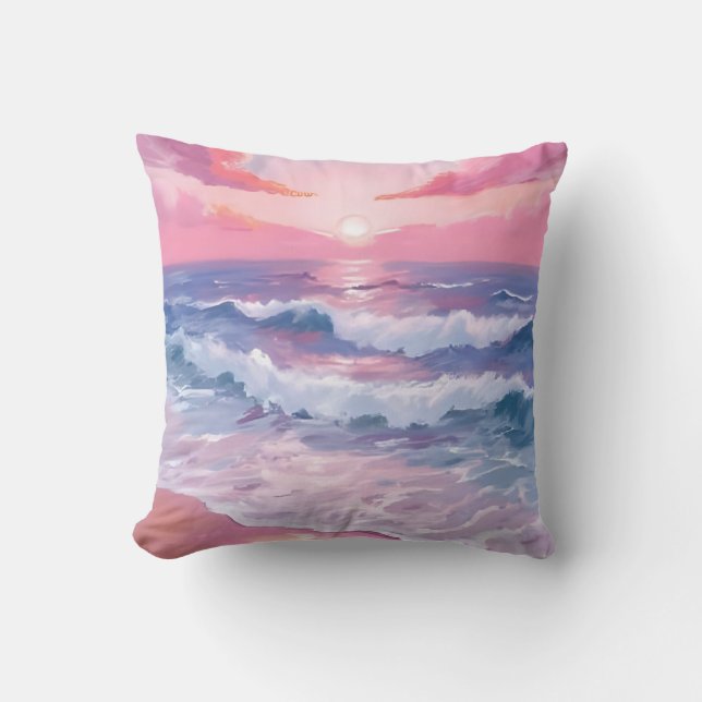 Pink Beach Ocean Shore Painted Cushion (Front)