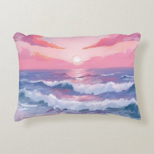 Pink Beach Ocean Shore Painted Decorative Cushion