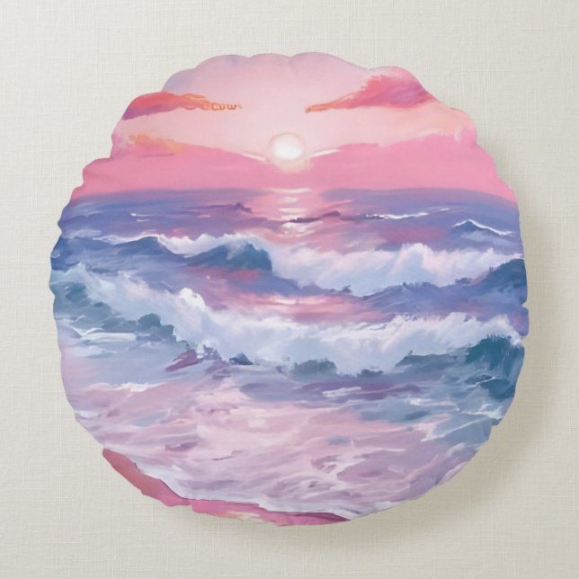 Pink Beach Ocean Shore Painted Round Cushion (Front)