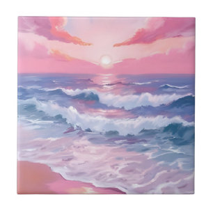 Pink Beach Ocean Shore Painting Art Ceramic Tile