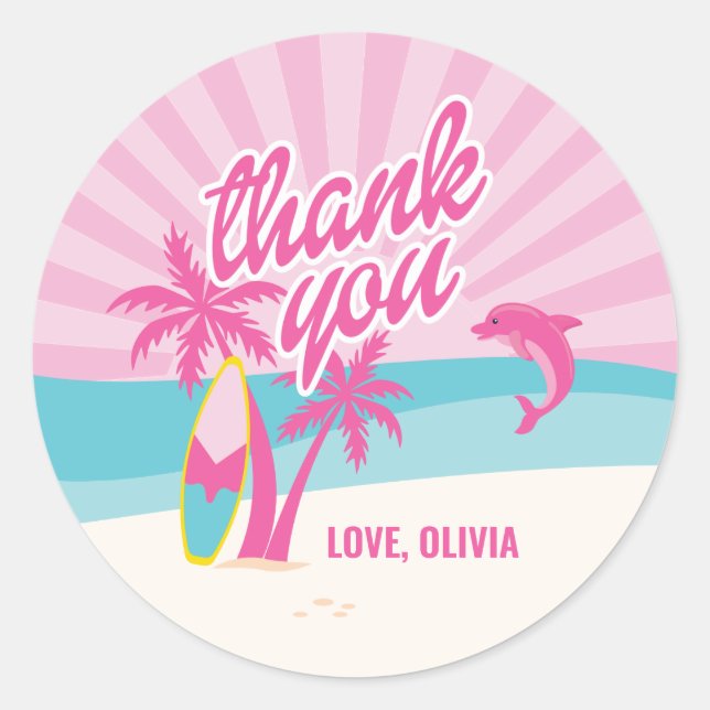 Pink Beach Palm Birthday Classic Round Sticker (Front)