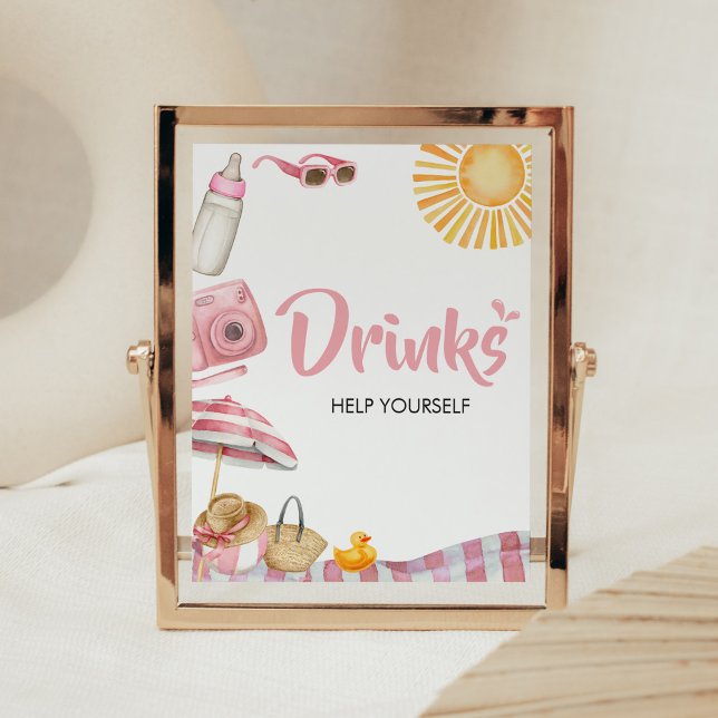 Pink Beach Summer Baby Shower Drinks Poster (Splish Splash Baby Shower Drinks Sign)