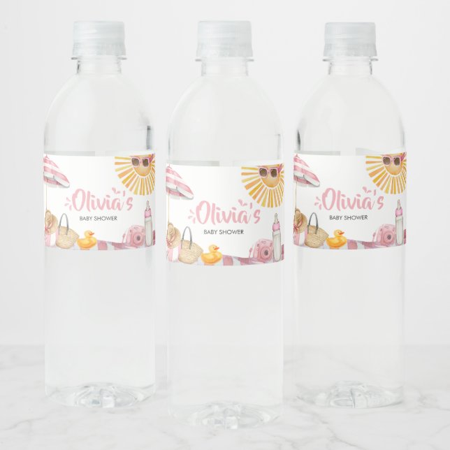 Pink Beach Summer Baby Shower Water Bottle Label (Bottles)
