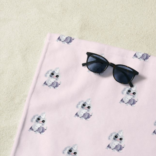 Pink Beach Towel with Cute Pet Dog - Customisable (In Situ)