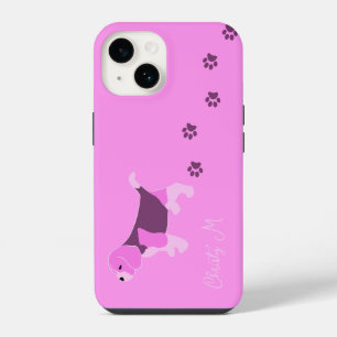 PINK BEAGLE DOG ON PINK WITH MUDDY PAW PRINT NAME iPhone 14 CASE