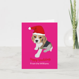 PINK BEAGLE PUPPY DOG IN CHRISTMAS SANTA HAT XMAS CARD