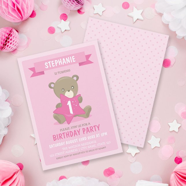 Pink Bear Any Age or First Birthday Invitation (Creator Uploaded)