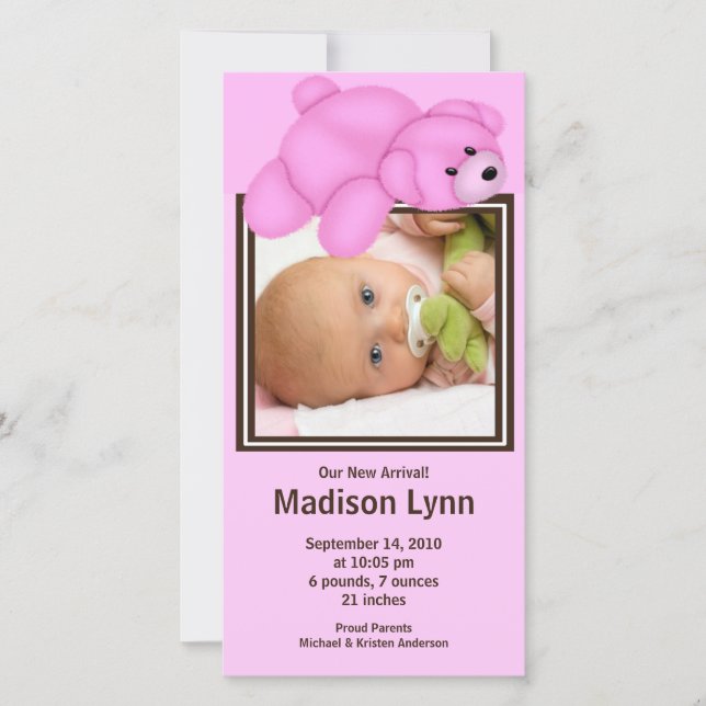 Pink Bear Baby Girl Birth Annoucement Announcement (Front)