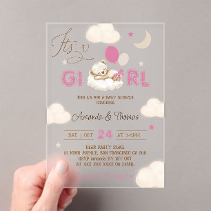 Pink Bear Baby Shower Acrylic Invitations
