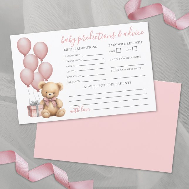Pink Bear Baby Shower Advice Predictions Card (Baby Shower Advice Predictions Card)