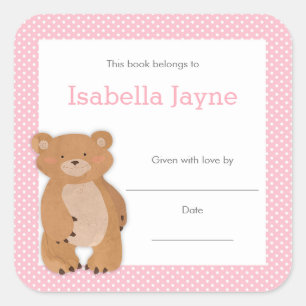 Pink Bear Baby Shower Bookplate, girl book plate Square Sticker