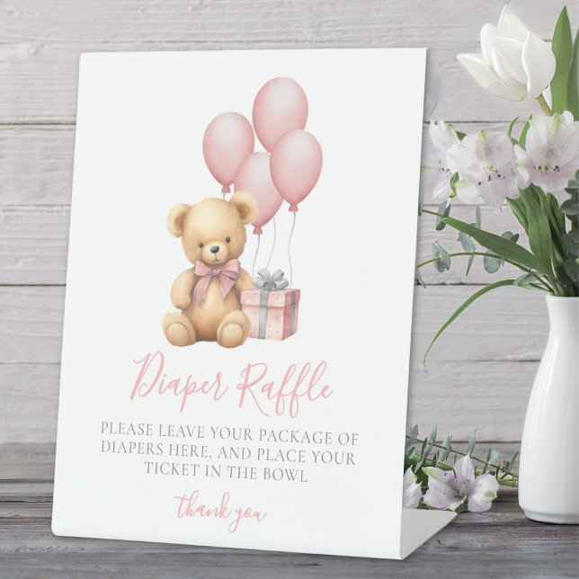 Pink Bear Baby Shower Diaper Raffle Enclosure Card Pedestal Sign (Pink Bear Baby Shower Diaper Raffle Enclosure Card Pedestal Sign)