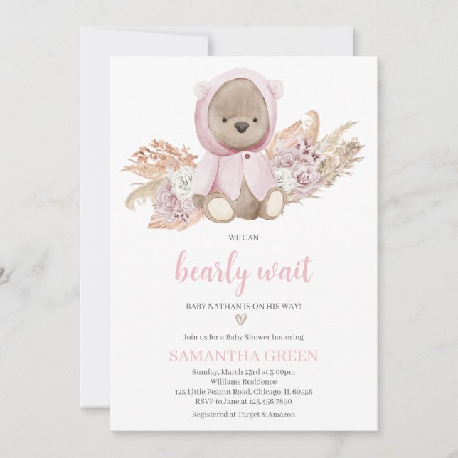 Pink Bear Baby Shower  Invitation (Front)
