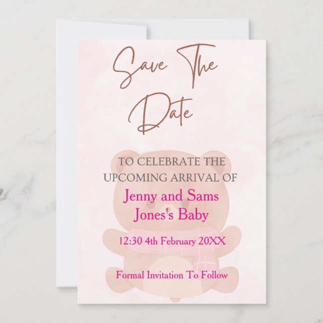 Pink Bear Baby Shower Save the Date Card | Cute &  (Front)