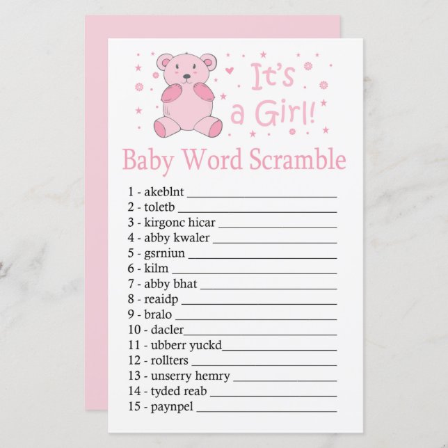 Pink bear Baby word scramble game (Front/Back)