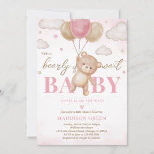 Pink Bear Balloon Baby Shower Invitation