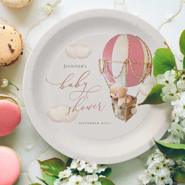 Pink Bear Balloon Baby Shower Paper Plate (Creator Uploaded)