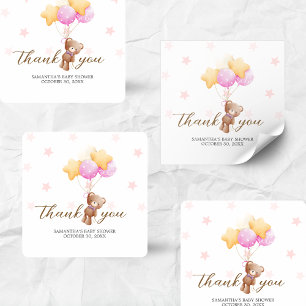 Pink Bear Balloon Baby Shower Square Sticker