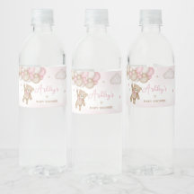Pink Bear Balloon Baby Shower  Water Bottle Label