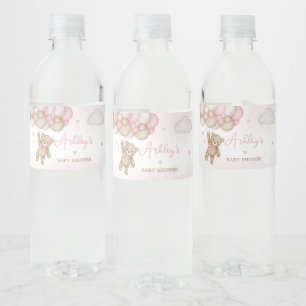 Pink Bear Balloon Baby Shower  Water Bottle Label