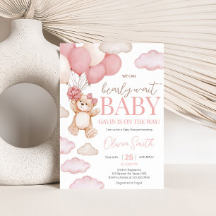 Pink Bear Balloon Bearly Wait Baby Shower Invitation