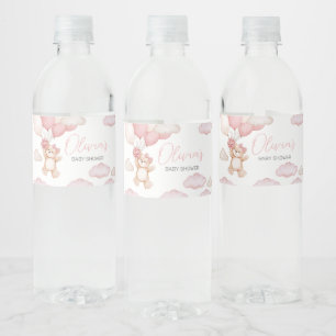Pink Bear Balloon Bearly Wait Baby Shower Water Bottle Label