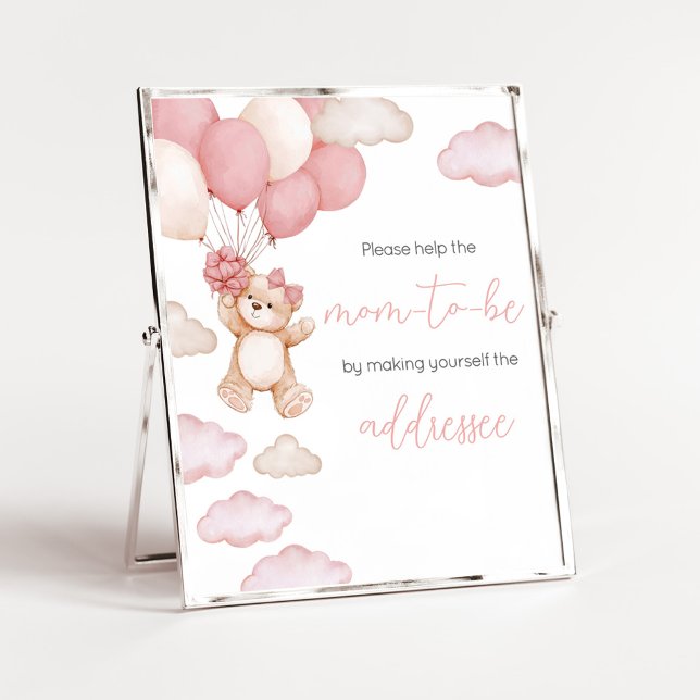 Pink Bear Balloon Bearly Wait Envelope Station Poster (Pink Baby Bear Balloon Baby Shower Envelope Station Sign)