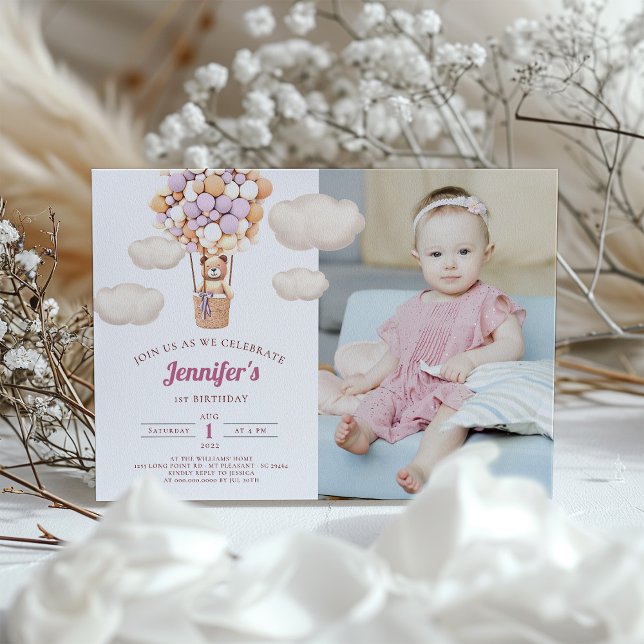 Pink Bear Balloons First Birthday Girl Invitation (Creator Uploaded)
