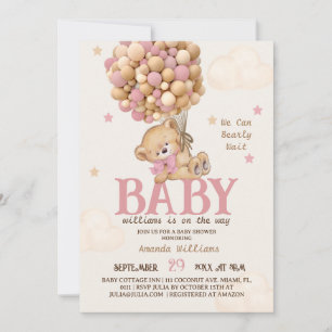 Pink Bear Balloons Girl Baby Shower Invitation