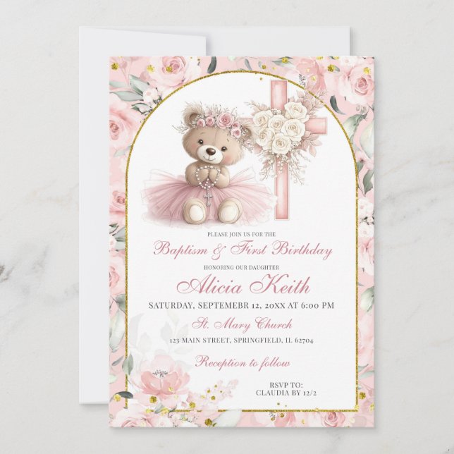 Pink Bear Baptism & First Birthday Invitation (Front)