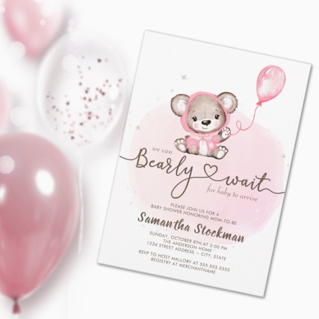 Pink Bear Bearly Wait Baby Shower Invitation (Creator Uploaded)