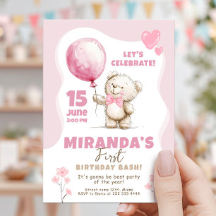 Pink Bear Birthday Bash 1st birthday Invitation