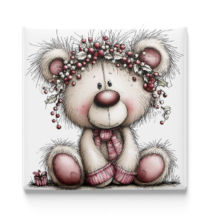 Pink Bear Christmas Berries Christmas Magnet