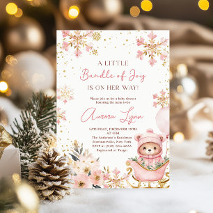 Pink Bear Christmas Winter Girl Baby Shower Invitation