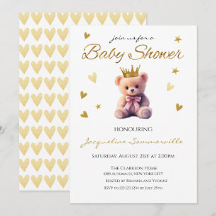Pink Bear Crown Gold Crown Baby Shower It's a Girl Invitation