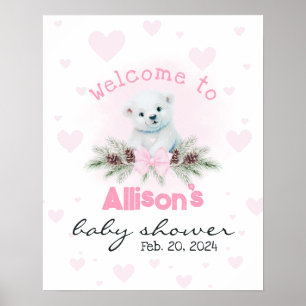 Pink Bear Cub Cute Baby Shower Welcome Sign